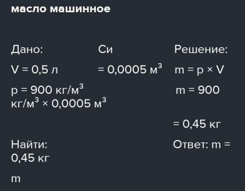 .НУЖНА полная задача-Дано и решение.КАКОВА МАССА 0,5 Л ВОДЫ, БЕНЗИНА, МАСЛО МАШИННОГО.