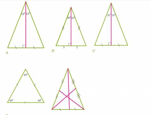 Даны рисунки пяти треугольников, на которых дана некоторая информация об углах и отрезках. На которы
