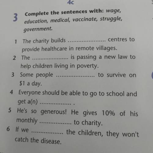 Complete the sentences with: wage, education, medical, vaccinate, struggle, government. . ... 1 The