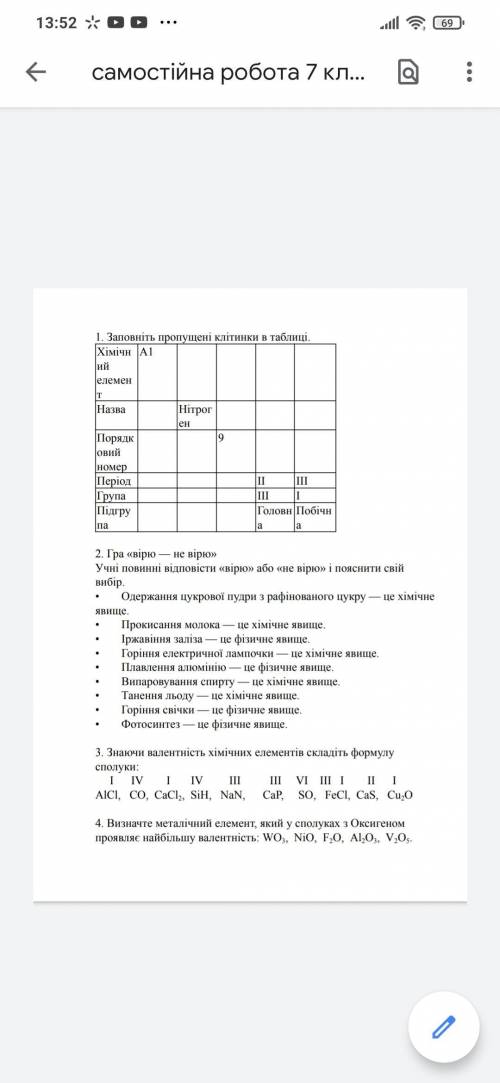 Самостійна робота з хімії 7 клас до іть будь ласка