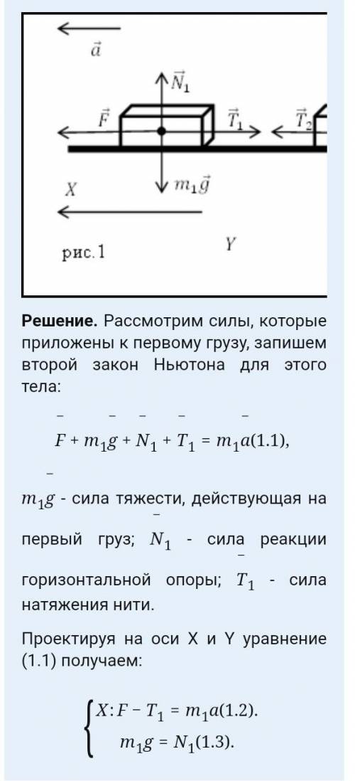 Объясните решение. ЗаданиеКакой будет сила натяжения нерастяжимой нити, связывающей два груза находя