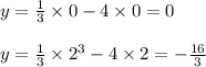 y = \frac{1}{3} \times 0 - 4 \times 0 = 0 \\ \\ y = \frac{1}{3} \times {2}^{3} - 4 \times 2 = - \frac{16}{3}