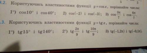 Користуючись властивостями функції y=cos x (tg x), порівняйте числа.: