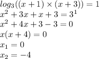 log_{3}((x + 1) \times (x + 3)) = 1 \\ {x}^{2} + 3x + x + 3 = 3^{1} \\ {x}^{2} + 4x + 3 - 3 = 0 \\x(x + 4) = 0 \\ x_{1} = 0 \\ x_{2} = - 4