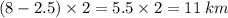 (8 - 2.5) \times 2 = 5.5 \times 2 = 11 \: km