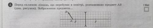 2. Перед скляною лінзою, що перебуває в повітрі, розташовано предмет AB (див. рисунок). Зображення п