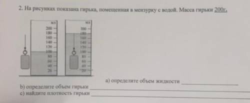 На рисунках показана гирька , помещённая в мензурку с водой . массой 200г. ( а, б , с . на фото !