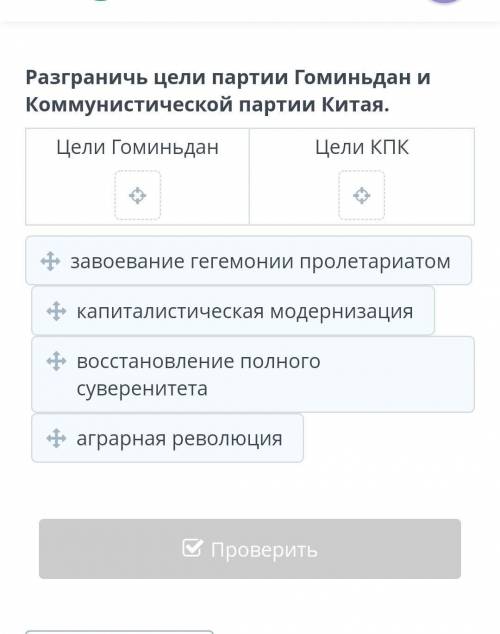 Разграничь цели партии Гоминьдан и Коммунистической партии Китая. Цели ГоминьданЦели КПКзавоевание г