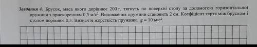 Завдання 4. Брусок, маса якого дорівнює 200 г, тягнуть по поверхні столу за до горизонтальної пружин