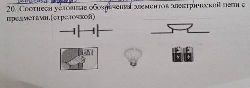 Соотнеси условные обозначения элементов электрической цепи спредметами.(стрелочкой) - +