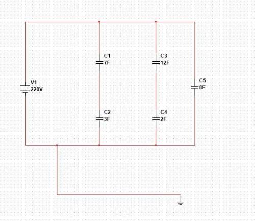 Дано С1=7 С2=3 С3=12 С4=2 С5=8 1) Эквивалентную емкость батареи конденсаторов (Сэкв) 2) Заряд каждог