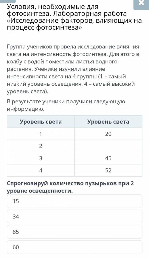 Группа учеников провела исследование влияния света на интенсивность фотосинтеза,