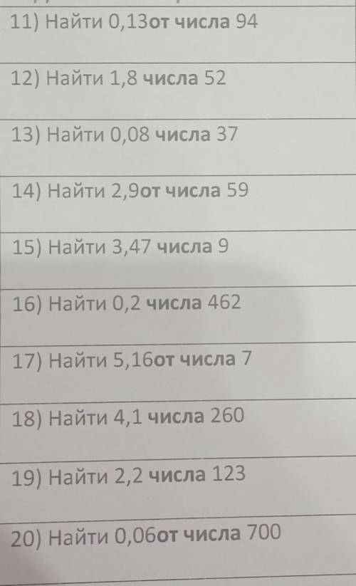 11) Найти 0,13от числа 94 12) Найти 1,8 числа 52 13) Найти 0,08 числа 37 14) Найти 2,9от числа 59 15