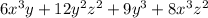 6x {}^{3} y + 12y {}^{2} z {}^{2} + 9y {}^{3} + 8x {}^{3} z {}^{2}