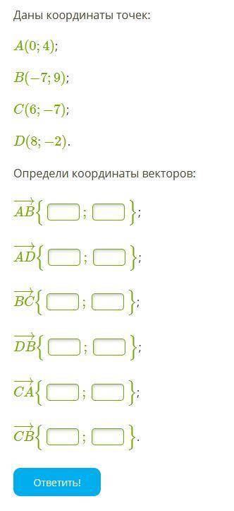 Даны координаты точек: A(0;4); B(−7;9); C(6;−7); D(8;−2). Определи координаты векторов: AB−→−{;}; AD