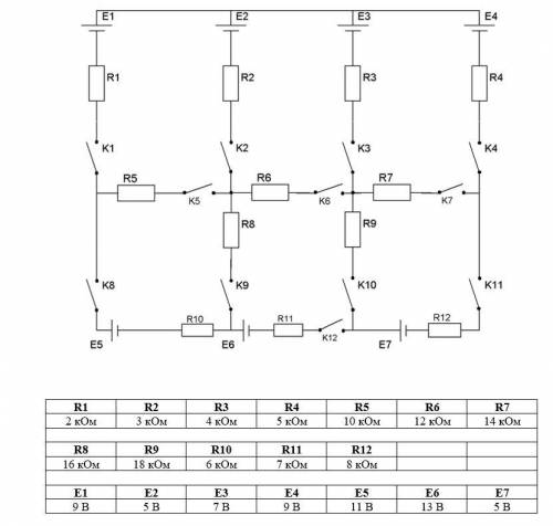 Примените правила Кирхгофа для расчета данной электрической цепи. Ключи: - + + + - + + - - - - -