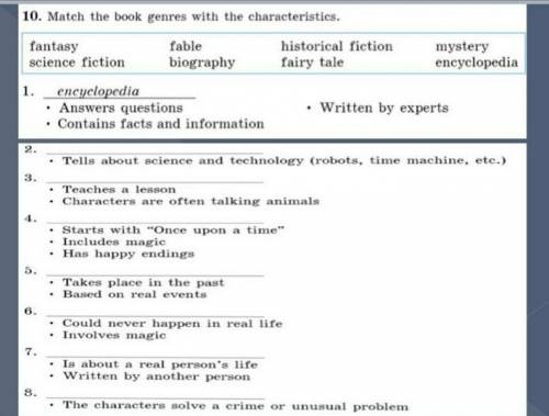 Match the book genres with the characteristics. •