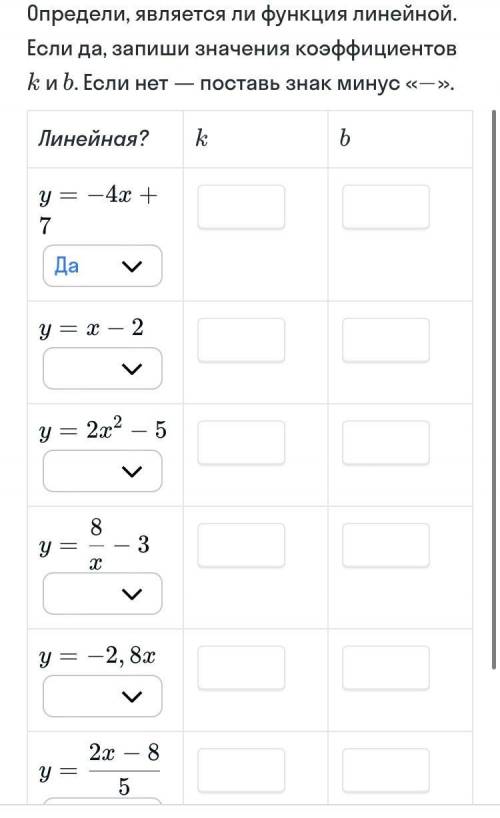 Определи является ли функция линейной. Если да запиши значения коэффициентов k и b. Если нет поставь