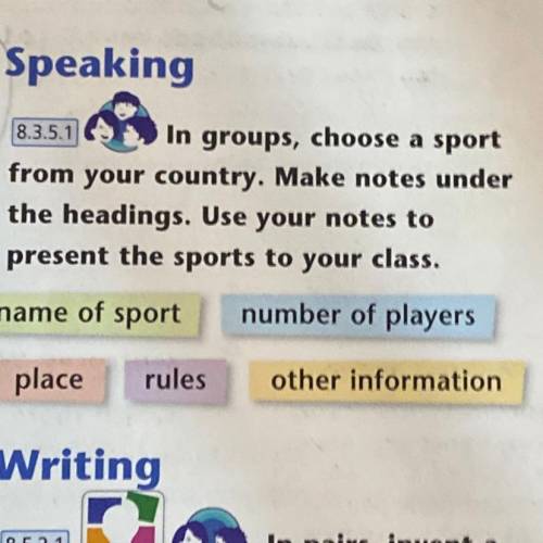 Speaking 8.3.5.1 9 In groups, choose a sport from your country. Make notes under the headings. Use y