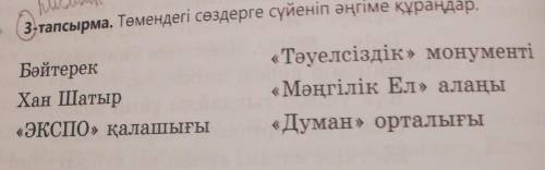3-тапсырма. Төмендегі сөздерге сүйеніп әңгіме құраңдар. Бәйтерек Хан Шатыр «ЭКСПО» қалашығы «Тәуелсі