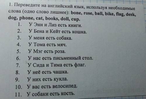 1. Переведите на английский язык, используя необходимые слова (одно слово лишнее): bone, rose, ball,