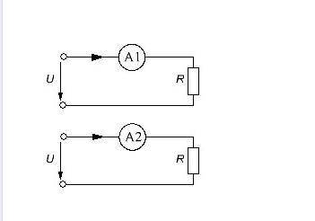 Задача. У приведених схемах з U = 10 В і R = 8 Ом включені амперметри А1 з опором RA1 = 2 Ом і А2 з