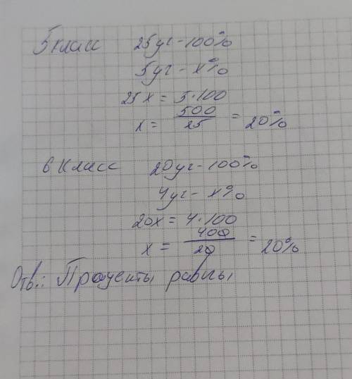 В 5-м классе пять из 25 учеников, а в 6-м классе четверо из 20 учеников получили оценку за четверть