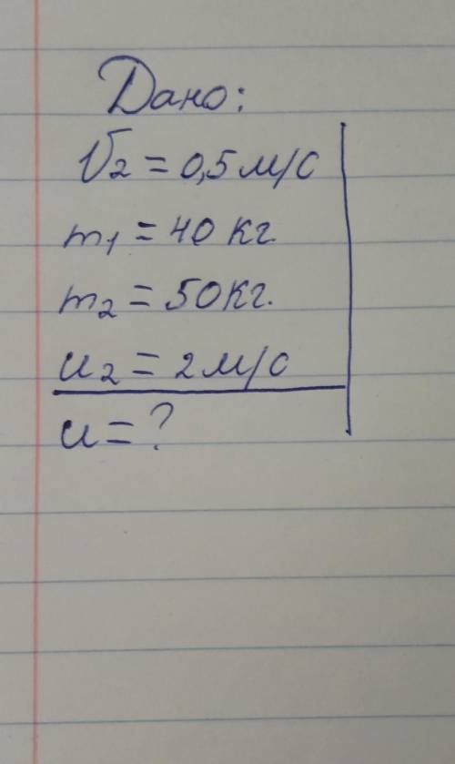 Дано : V2=0,5 м/с,m1=40кг,m2=50кг,u2=2м/с , решить задачу. Дам 100 былов! Не пишите если не знаете,н