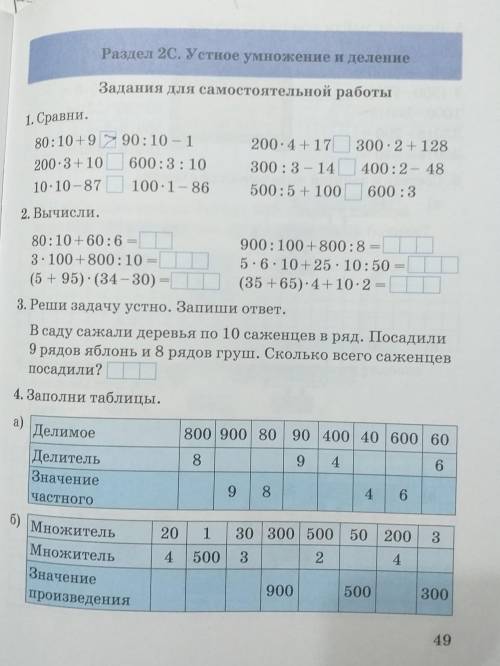 Раздел 2С, Устное умножение и деление Задания для самостоятельной работы 1. Сравни. 80:10 +990:101 2