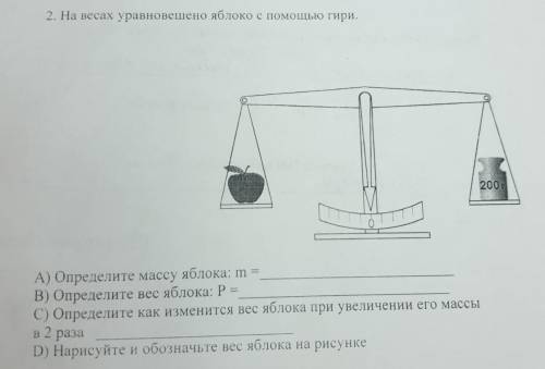 2. На весах уравновешено яблоко с гири. 200 А) Определите массу яблока: m = В) Определите вес яблока