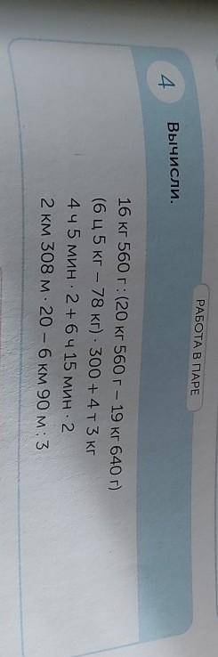 ТА В ПАРЕ Вычисли. 4. 16 кг 560 г: (20 кг 560 г - 19 кг 640 г) (6 ц5 кг - 78 кг) - 300 +4T3 кг 4ч 5