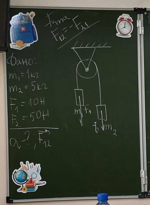 Дано: m1 = 1 кгm2 = 5 кгF1 = 10 HF2 = 50 HНайти:a = ? м/с2F12 = ? Решение: ( преподаватель сказал ре