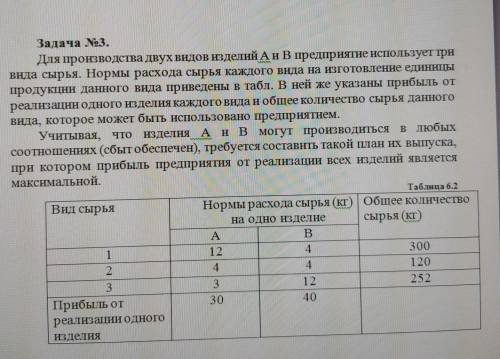 Задача No3. Для производства двух видов изделий А и В предприятие использует три вида сырья. Нормы р