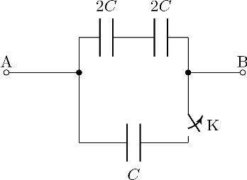 Три конденсатора собраны в схему как показано на рисунке. В начальный момент ключ К замкнут. На скол