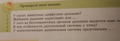 Проверьте свои знания: . O CON 1 2 3 4 У каких животных диффузное дыхание? Жаберное дыхание характер