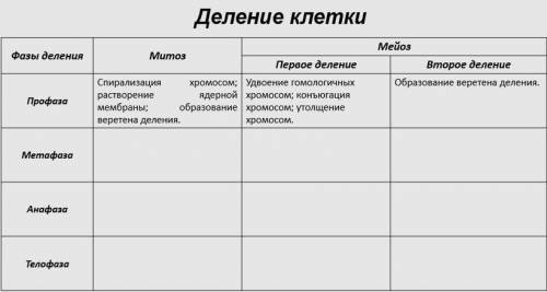 Заполните таблицу сравнительной характеристики двух Деления клетки.