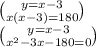 \binom{y = x - 3}{x(x - 3) = 180} \\ \binom{y = x - 3}{x^{2} - 3x - 180 = 0}