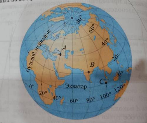 4) определите географические координаты точек А, В и C показанных на следующем рисунке.