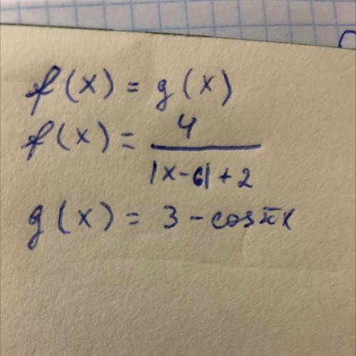 Найти ординату точки пересечения графиков функций. f(x)=4/(|x-6|+2) g(x)=3-cos(πx)