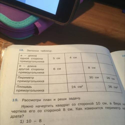 18. Заполни таблицу. 21. O а Длина одной стороны прямоугольника И 5 см 4 см 6 см 8 см b - длина друг