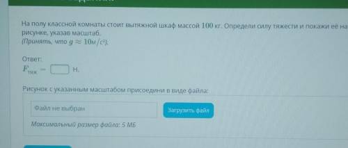 На полу классной комнаты стоит вытяжной шкаф массой 100 кг. Определи силу тяжести и покажи её на рис