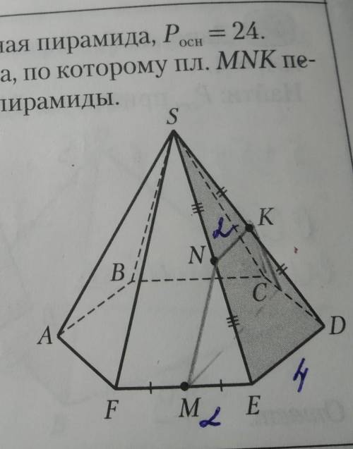 Дано: правильная пирамида, Росн = 24 Найти: длину отрезка, по которому пл. MNK пересекает основание