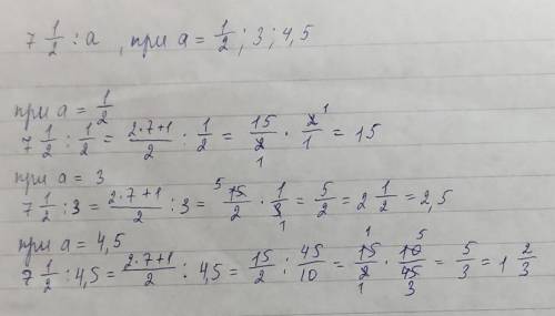 Знайдіть значення виразу 7 1/2:а при а=1/2;3;4,5