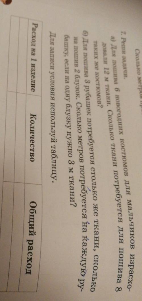 7. Реши задачи. а) Для пошива 6 новогодних костюмов для мальчиков израсхо- довали 12 м ткани. Скольк