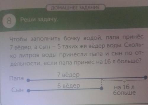 Чтобы заполнить бочку водой, папа принёс 7 вёдер, а сын - 5 таких же вёдер воды. Сколь- ко литров во