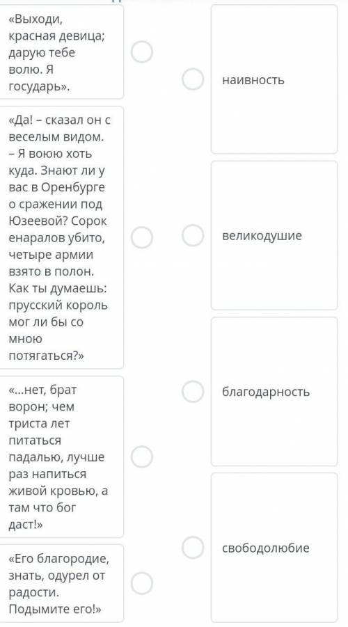 Соотнести качества личности Пугачева в повести А.С.Пушкинв с цитатами в которых они проявляются