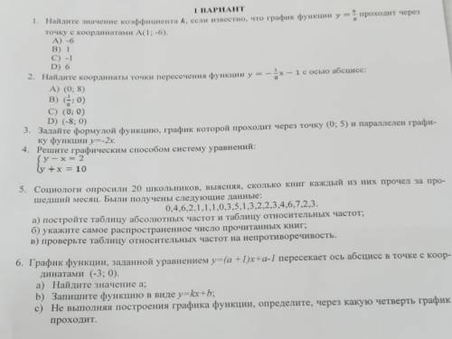 1 ВАРИАНТ Найдите значение коэффициента K, если известно, что график функции y =- проходит через точ