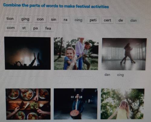 Combine the parts of words to make festiwal activities