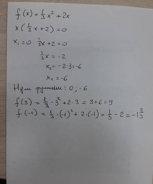 нужна Функция задана формулой f(x)=1/3х^2+2х найти а) f(3) и f(-1); б) нули функции.