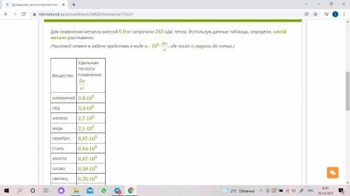 Для плавления металла массой 0,9 кг затратили 243 кДж тепла. Используя данные таблицы, определи, как